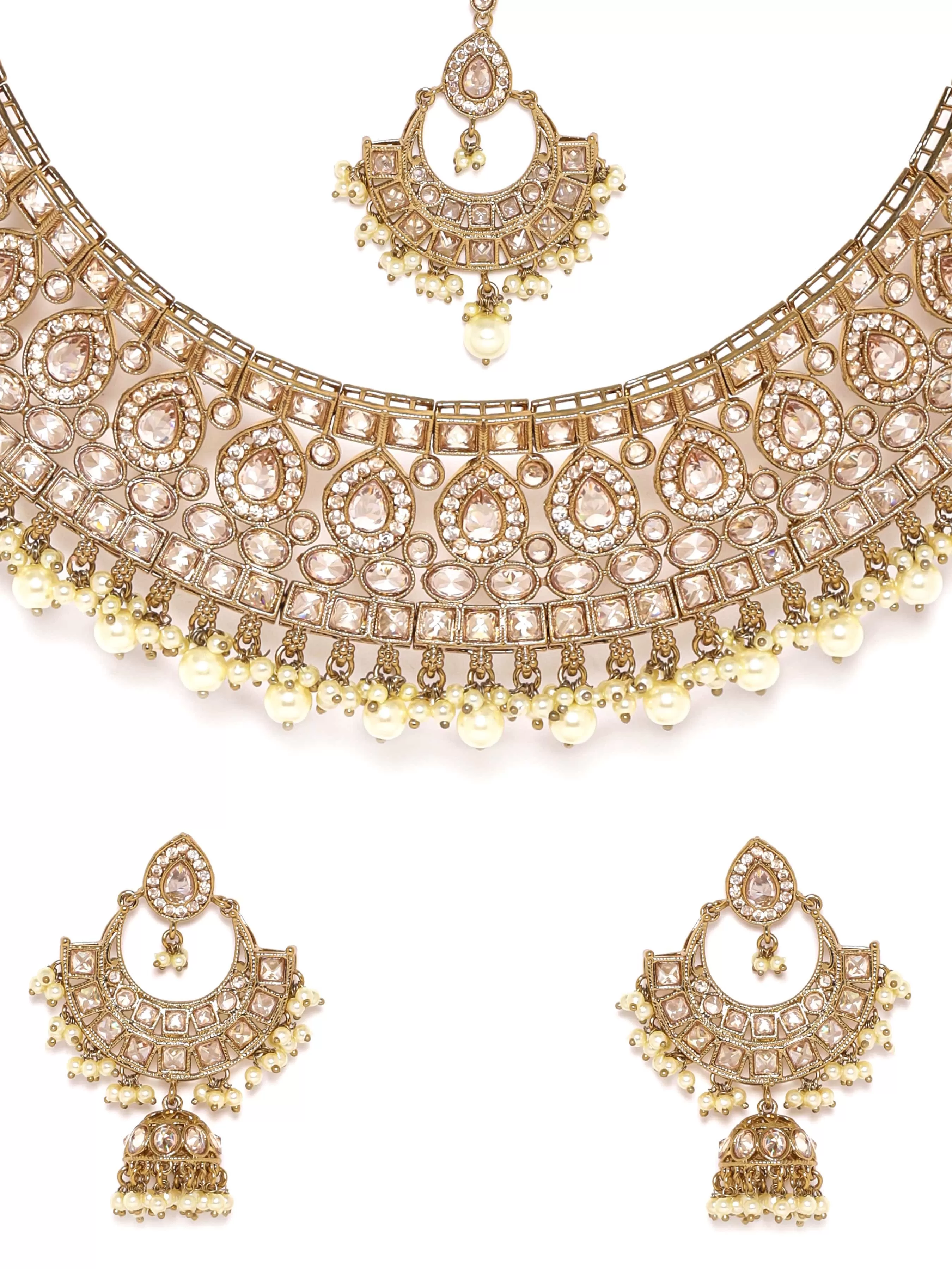 Rubans 22K Mehndi gold plated Reverse AD Studded Pearl beaded Statement Luxury Choker Set